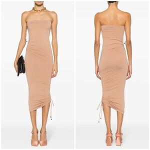 NWT Wolford Strapless Ruched Fatal Draping Dress Almond Beige Midi Bodycon Sz M